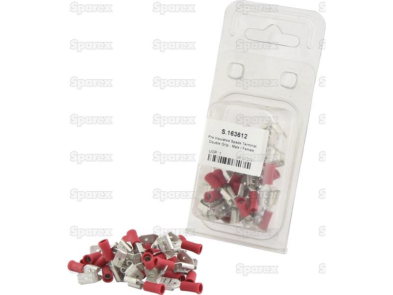 Pre Insulated Spade Terminal, Double Grip - Female Spade with Male Branch, 6.3mm, Red (0.5 - 1.5mm) (Agripak 25 pcs.)-S.163612-14890