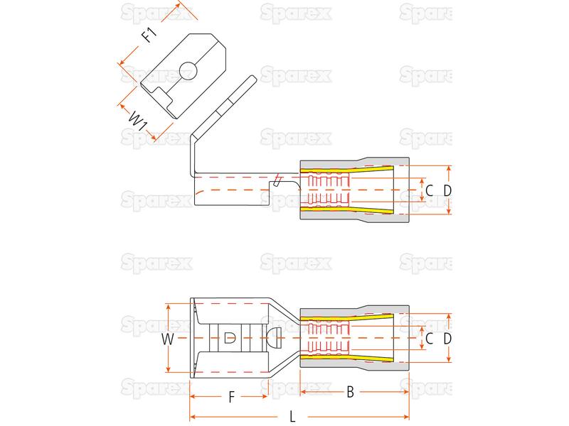 Pre Insulated Spade Terminal, Double Grip - Female Spade with Male Branch, 6.3mm, Red (0.5 - 1.5mm) (Agripak 25 pcs.)-S.163612-14890