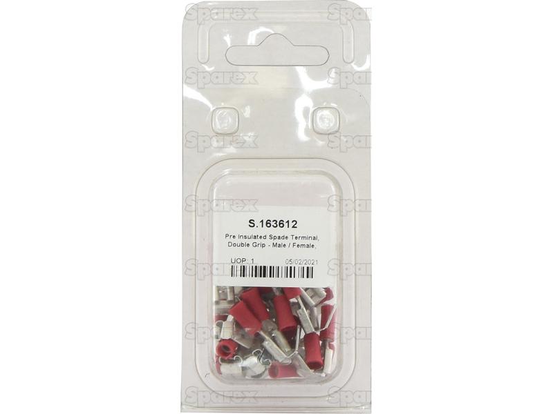 Pre Insulated Spade Terminal, Double Grip - Female Spade with Male Branch, 6.3mm, Red (0.5 - 1.5mm) (Agripak 25 pcs.)-S.163612-14890